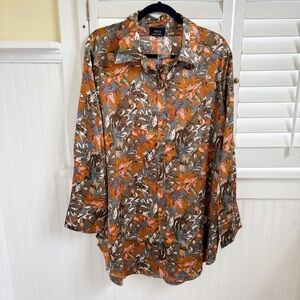 VICI Multicolor Floral Satin Tunic Length Button Up Blouse Size XL NEW